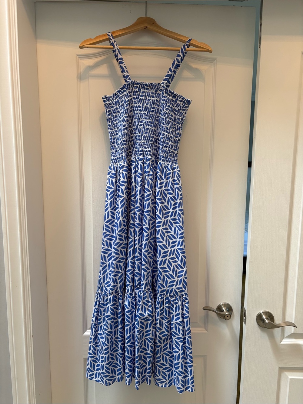 Ripe Blue and White Leaf-Print Smocked Maxi Dress